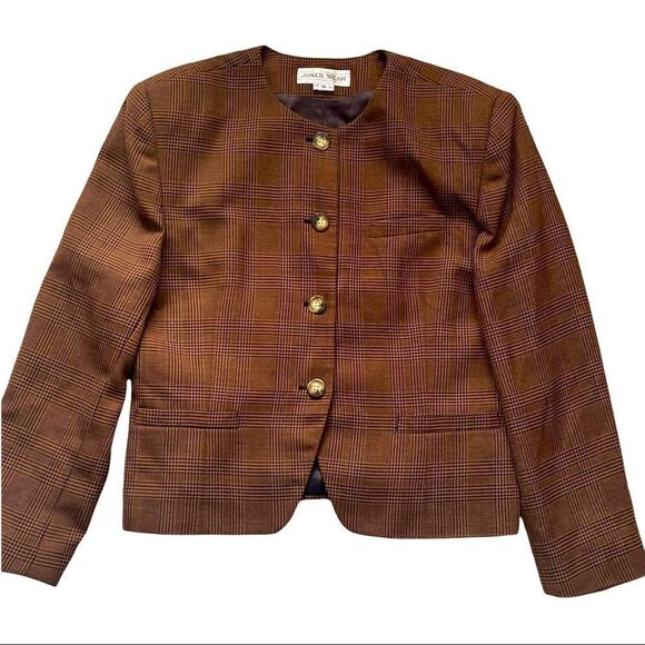 Jones Wear Brown Plaid Round Neck Blazer Sz 16 - Picture 1 of 14